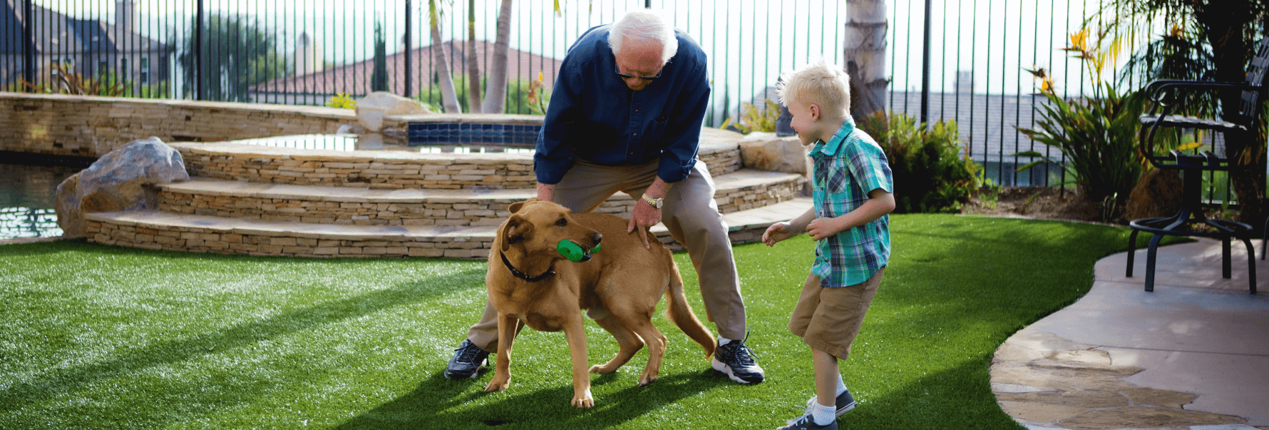 Father and son playing with their dog on an artificial grass lawn