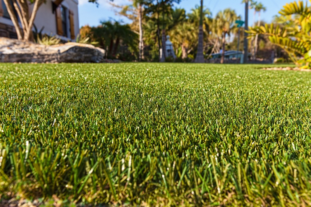 Close up look at an artificial grass home lawn